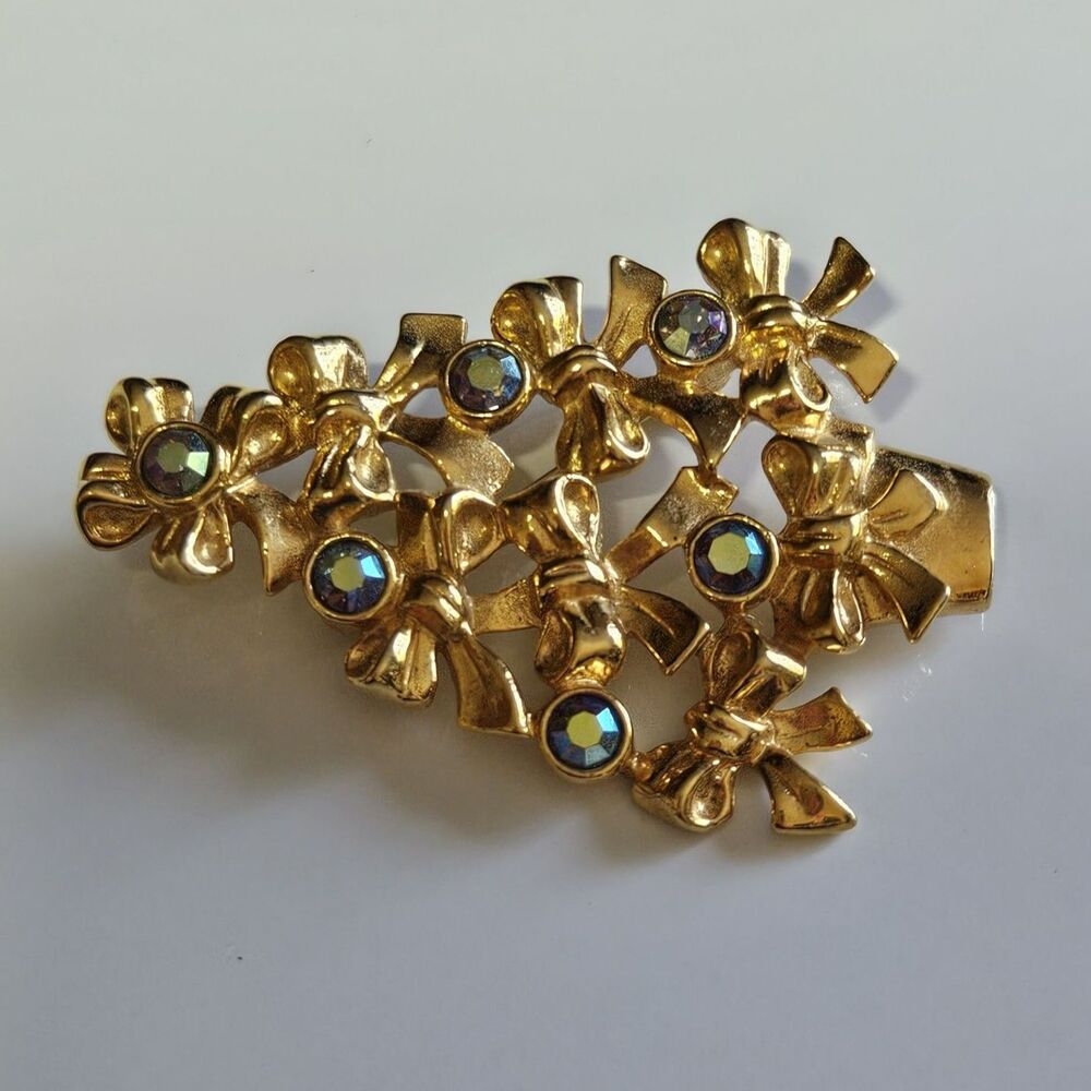 Vintage Avon Christmas Tree Bow Brooch Blue AB Rhinestones Gold Tone Pin - Picture 8 of 10